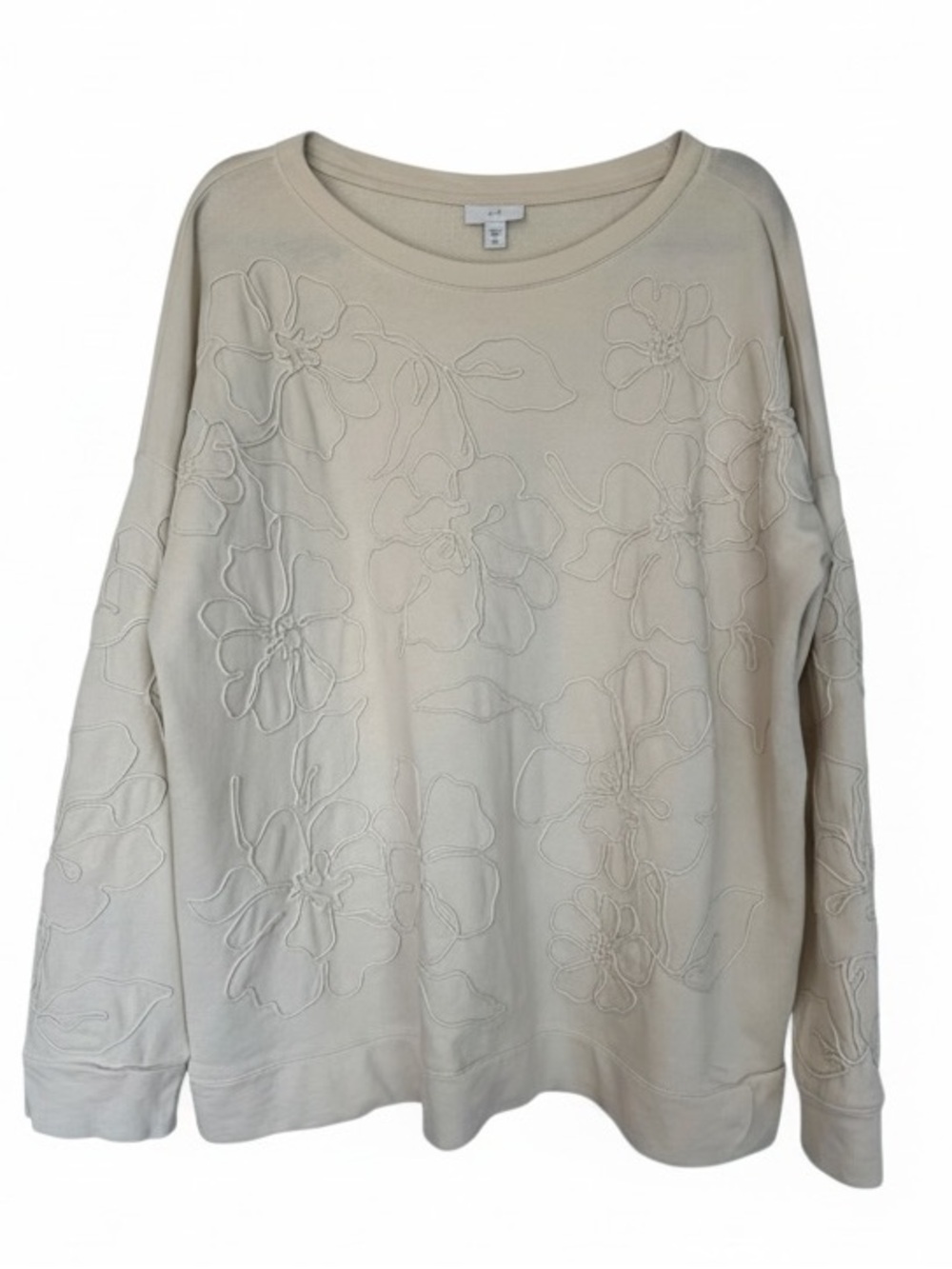J. Jill Embroidered Floral Textured Pullover Large Sweatshirt - Cream